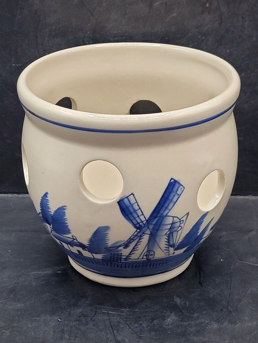 Vintage Delft Blue White Ceramic Crocus Bulb Planter Pot Windmill Sailboats 4x4